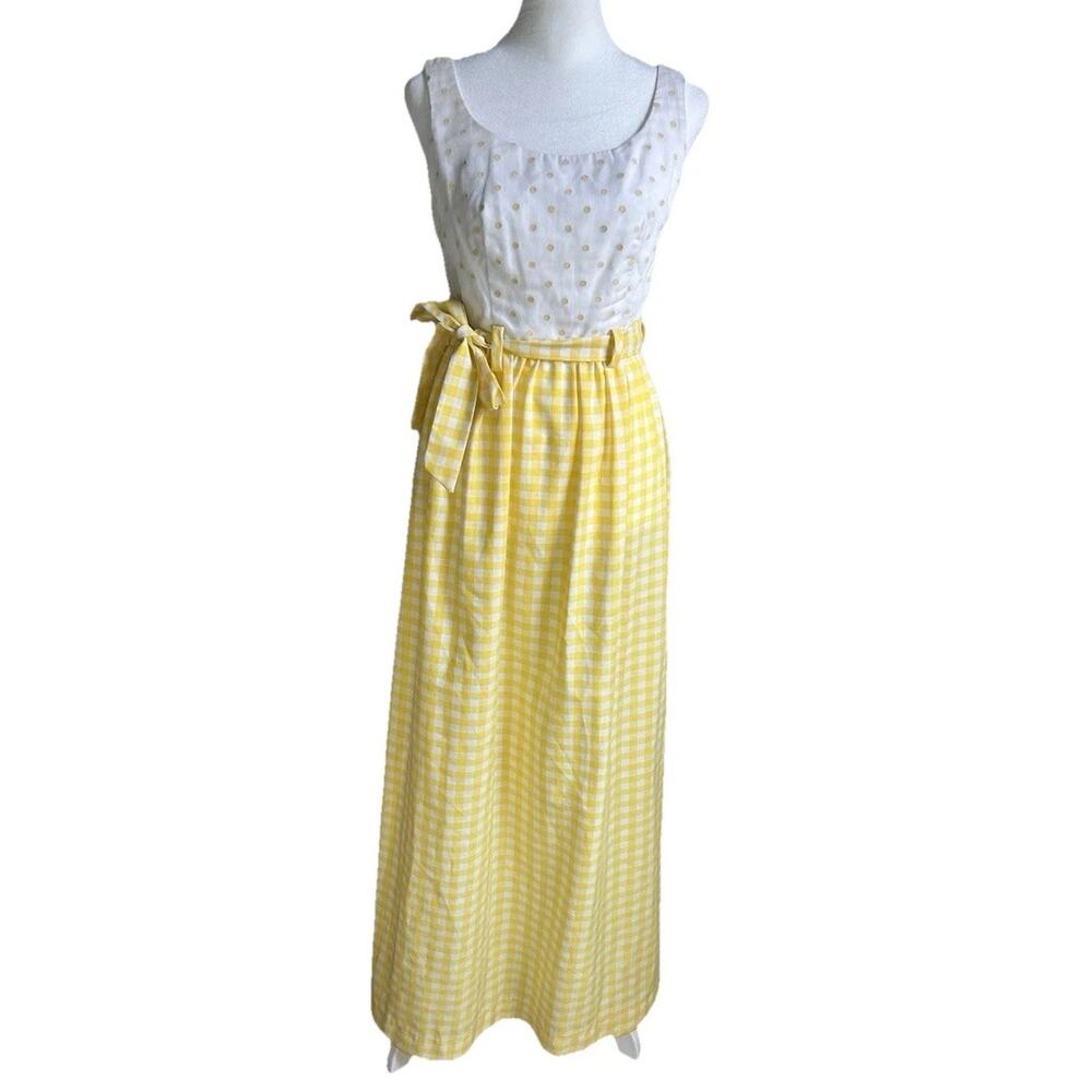 Vintage 1970s Chas L Lewis Maxi Dress Yellow Gingham Polka Dot Prairie 0 Boho